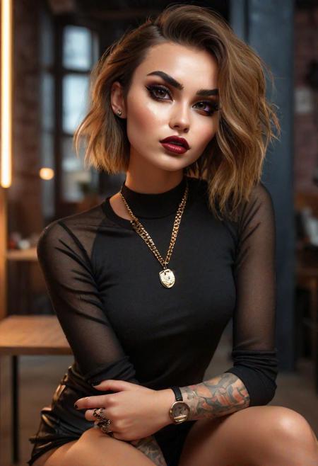 raw photo, full body shot photo, photorealistic, glamour photography of a stylish russian hipster girl, edgy vibe, dark, mascara, eyeliner, dark cheeks, expressive lips, Unique facial piercings, alluring necklace, stylish sexy streetwear, alluring thighs, aesthetic tattoos on her body, almond shaped eyes, Dimples, Smoky eye makeup, Defined jawline, skin pores, shiny skin, 
grainy, harsh flash lighting, realistic skin texture, highly detailed photography, 3d, vibrant, insanely detailed, hyperdetailed, expressive provocative face expression, detailed alluring background