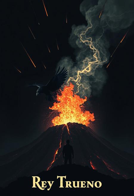 vintage movie poster with black SKY very clean colours, meteors falling from sky, and a black raven flying with wings  like thunders coming out from a volcano erupting ,wind seems like flames, behind a very clear silhouette of man from Tijuana mexico looking to the raven in skt. extremely intricate, stylized and classy concept art, a professional photograph. Detailed Textures, high quality, high resolution, high Accuracy, realism, color correction, Proper lighting settings, experimental art composition
Text "Rey Trueno",