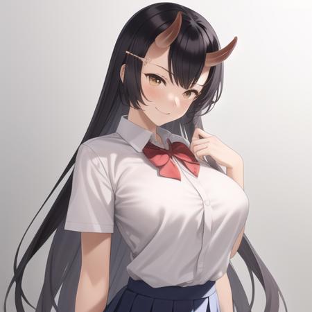 (masterpiece, best quality:1.2),illustration,8k,hd,absurdres,1girl,solo,upper body,(portrait:1.2),smile,black hair,blue skirt,bowtie,collared shirt,hair ornament,flower hairclip,large breasts,long hair,miniskirt,oni horns,pleated skirt,red bowtie,school uniform,shirt tucked in,short sleeves,skin-covered horns,taut clothes,taut shirt,white shirt,wing collar,yellow eyes,black thighhighs,<lora:Kanbo sakura(enjo)>,