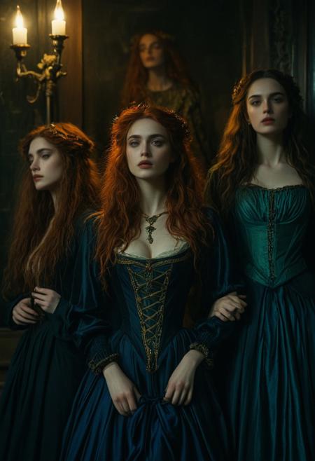 highly cinematic, 3 woman, melancholic and dramatic atmosphere, film scene, wearing absurd clothing, part, inspired by Pre-Raphaelitism