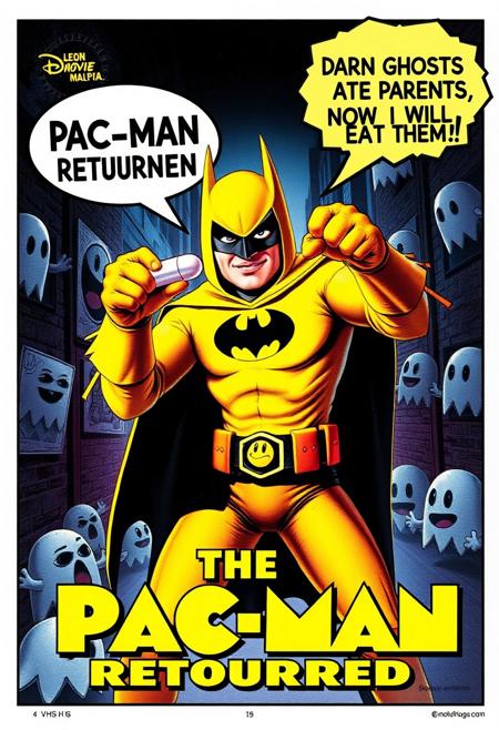 Create a fake B-Movie VHS cover art of a movie called (The Pac-Man Returned), the cover features a Batman parody dressed in a yellow outift themed around the videogame character Pac-Man, his cowl is yellow and has smiley face on it, his chest symbol is a Pac-man, he has a fistful of large pills in his fist, he is seen chugging one in his mouth while shouting in a shout bubble (DARN GHOSTS ATE MY PARENTS, NOW I WILL EAT THEM!), He is in a dark alley surrounded by hungry evil cartoon ghosts from all directions while striking a heroic pose with dramatic lighting, the cover gives 80s vibes with slightly washed out colors and is despite its silliness very well rendered and extremely detailed.