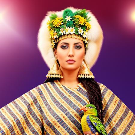 Create a a colorized photo  of an Arabic woman dressed in Babylonian style clothing, with a long braid and a fur collar. Add a chain around her neck and a green bird perched on her hand. Place her in a garden with blooming flowers in the background, and use a color palette that evokes the beauty of the antipodes. babylon  style, full shot