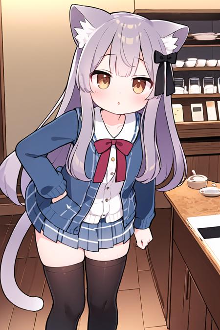 masterpiece, best quality, <lora:Milk-re-v1.2-:0.7>, light purple hair, long hair,  brown eyes, cat ears, cat tail, blue cardigan, plaid skirt, bow, ribbon, hair ornament, black thighhighs, indoors, cafe,