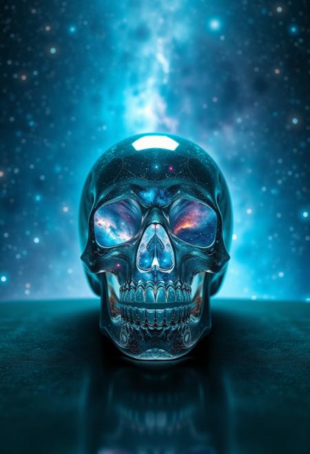 a crystal skull with nebulae inside in front of a starry space scene,