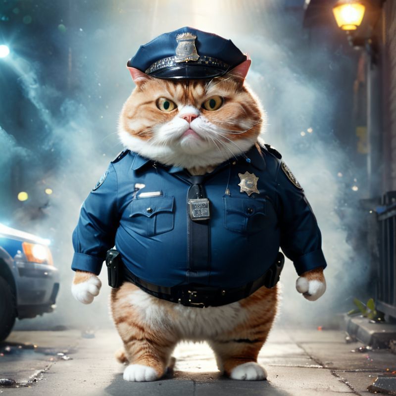 Fat Orange Cat in a Blue Officer Uniform Standing on the Sidewalk.