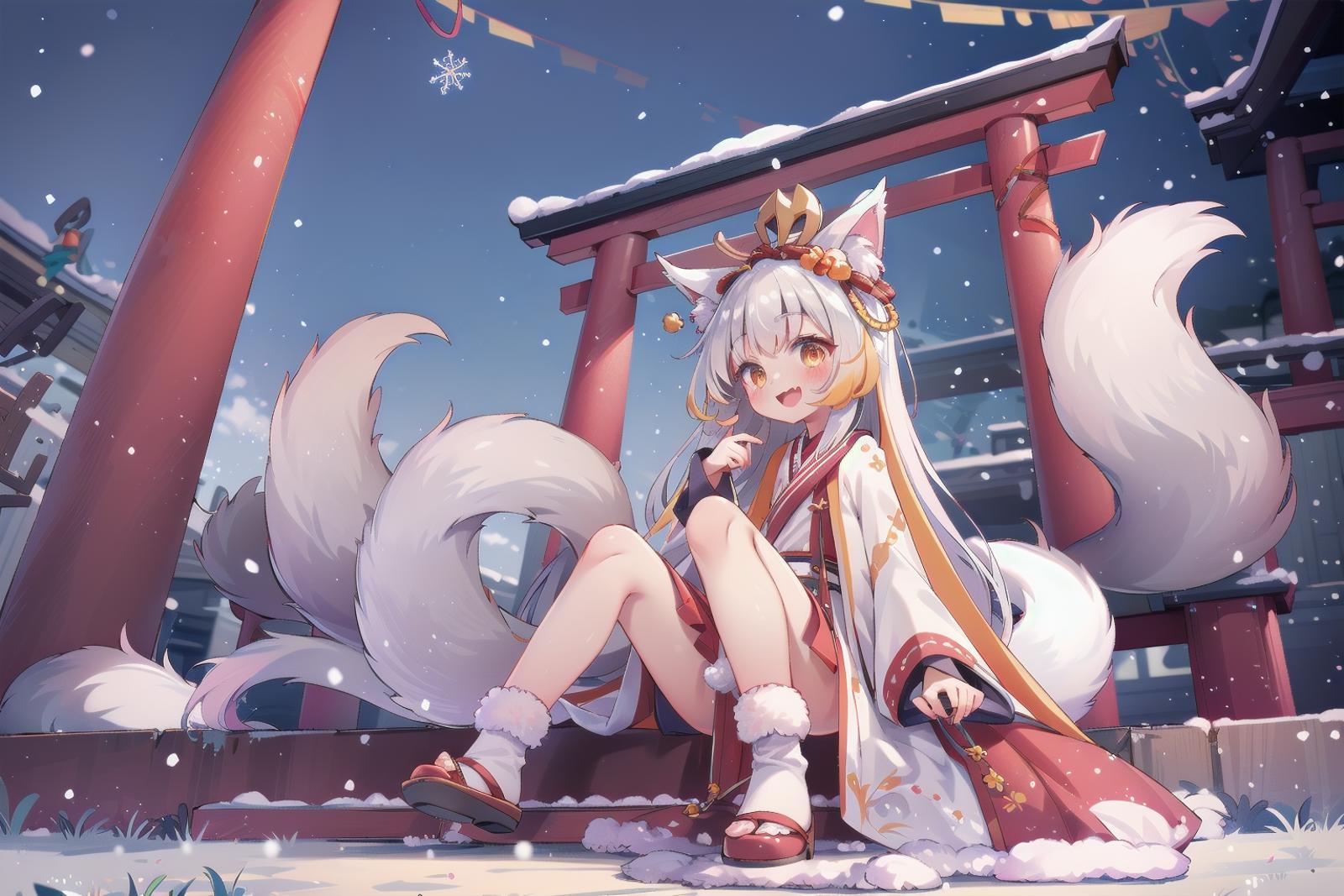 A young girl with a fox tail and ears is sitting on a bench in the snow.