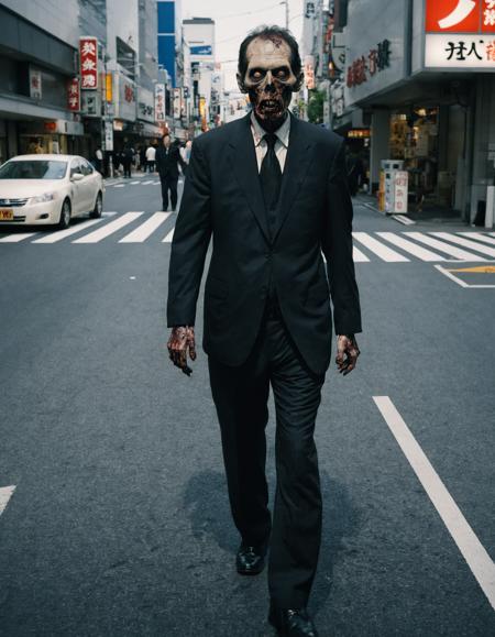 Japanese man,zombie,plain black suit,limping,empty street,Shinjuku,full_body,decay,disgusting,filthy,rotting,