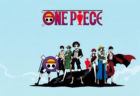 logo ps1 in visual and team of anime one piece whit world of this anilme in bckground