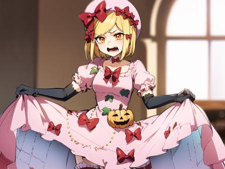 <lora:Lambda1060_6000:1>, lambdadelta, pink dress, red bows, bows on dress, striped legwear,  thighhighs, beret, black gloves, short hair, orange eyes,  dress lift, jack-o'-lantern pin on dress, blonde hair, detailed background, in the cofe, cafe on background, tables, window,  aggressive face