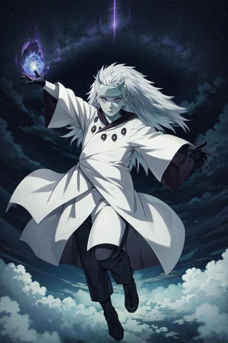 Madara, masterpiece, best quality, pale skin, long hair, gray hair, white tunic, black collar, black gloves, black legwear, headband, black balls, purple eyes, <lora:Madara_Six_Paths:1>, full body, flying, floating, sky, night, stars, clouds, outstretched arms, power aura, purple aura, energy