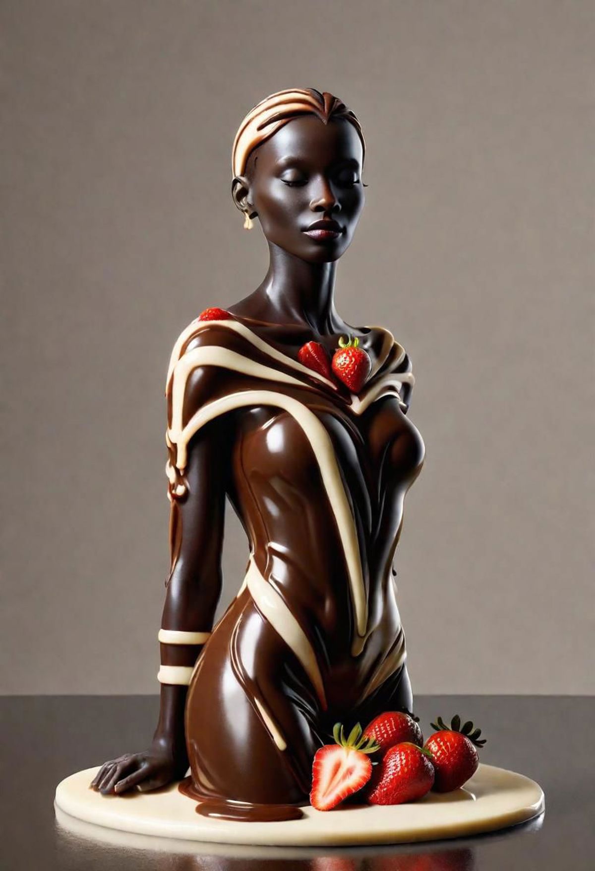 Chocolate Statue of a Woman with Strawberries on Her Chest.