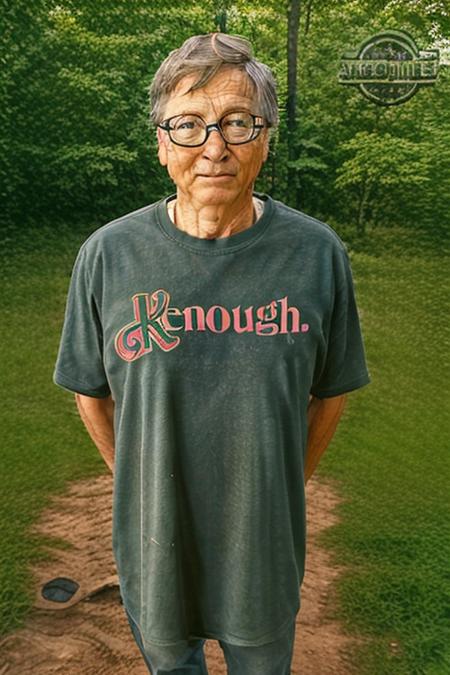 <lora:kenough:0.8>  upper shot, photo of bill gates, wearing kenough shirt, forest background