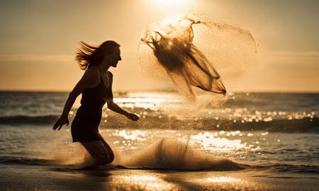 Danish (photo of silhouette:1), a woman playing on the seashore, surrounded by an intense explosion, bright bokeh, RAW, 8k, Mamoru Oshii, cyberpunk, assassin, cybernetics, masterpiece, best quality, ultra high res, action shot