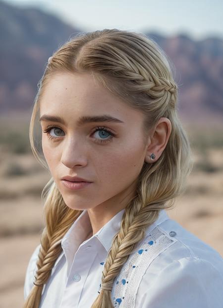 portrait of skswoman, stubborn , wearing sneakers , with blonde Fishtail braid , background desert epic (photo, studio lighting, hard light, sony a7, 50 mm, matte skin, pores, colors, hyperdetailed, hyperrealistic), <lyco:Natalia Dyer:1.1>