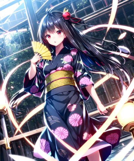 1girl, long hair, black hair, red eyes, yukata, hand fan, floating hair, hair ornament, wind
<lora:ryosiosV1-04:0.7> ryosios