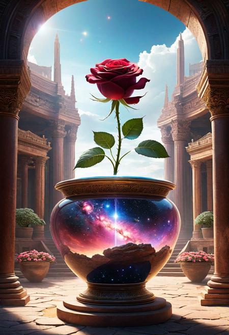a giant flower pot in an ancient city-of-glass holding a single galactic rose containting the universe