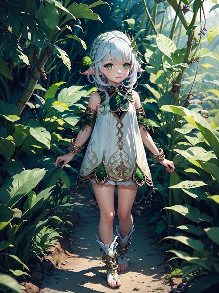 detailed illustration, kusanali,kid, white hair,white dress, green eyes,hair ornament, blush, full body, scenery, jungle <lora:nahida14:1>