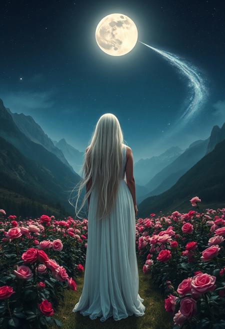 In a valley full of roses stood a woman in a long white yarn dress, her long silver hair cascading down her back like a moonlight waterfall. She looked up at the white moon in the night sky, with her back to the audience. The moonlight reflected her perfect figure through her gauze dress.
The mountains on either side of her rose to the sky, and the mountains were full of roses. There are swirling nebulae and Halley's comet with its long tail in the night sky.