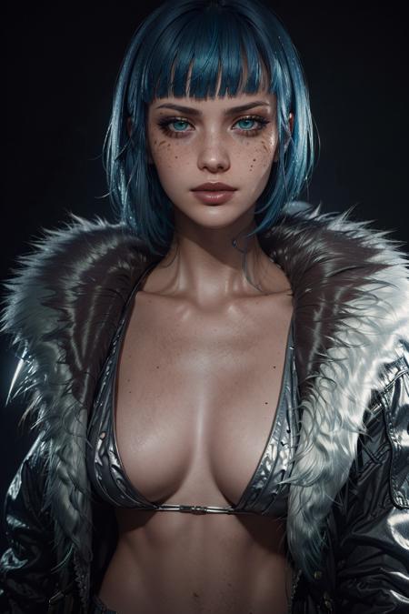 EvelynCyber, 1girl, solo, blue hair, green eyes, makeup, black background, short hair, jacket, bangs, blunt bangs, fur trim, freckles, upper body, looking at viewer, realistic, lipstick, breasts, lips, open clothes,
masterpiece, best quality,
<lora:epi_noiseoffset2:1>,   <lora:EvelynCyber:0.7>