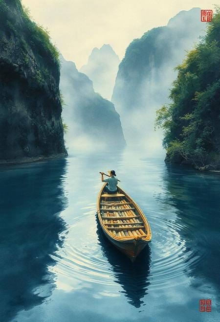 The Bamboo boat flows backwards down a great river and floats on its surface.
Japanese art style, Japanese ink painting, 
best quality, sharp focus, high contrast, colorful, ultra quality, 8k, best quality,