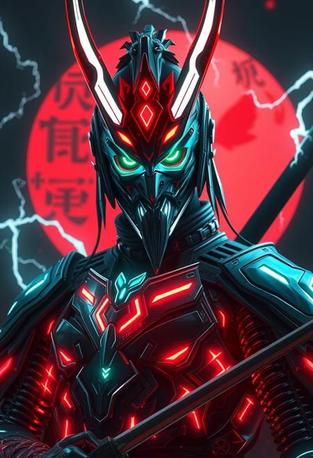 (Realistic:1.9), (cyberpunk.1.5), masterpiece, best quality, volumetric lighting, neon colors, dark background, 1man, male, closeup, Raijin with an oni mask, god of thunder, god of lighting, god of lightning, thunder, and storms, cyber tron neon Raijin armor, full armor, Covered face, covered eyes, standing in front of a tomoe, tomoe background, cyber horns, ninja pose, kunai, blades, flying raijin, so fast leaving mirages, katana, (Full body shot:1.5)