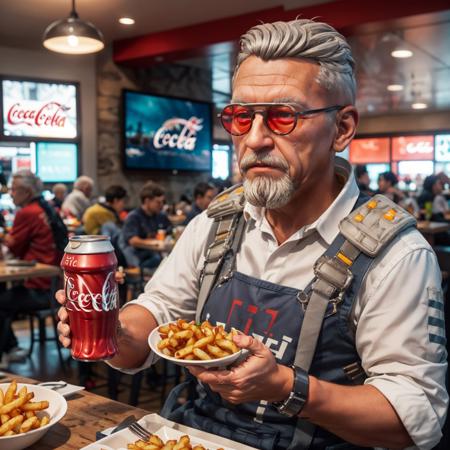 1boy,old man,white facial hair,(white hair:1.2),red len sunglasses,(kfc:1.1),fried chicken,(coca-cola:1.1),french fries,restaurant,sitting,holding fork,<lora:Ballistic-000010:0.8>,