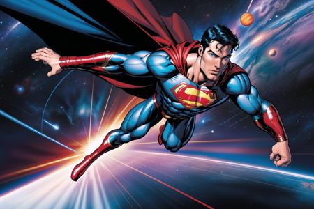 Superman, blue eyes, detailed face, flying towards camera, speed lines, dynamic action shot, outer space, planet backgroundred cape, , detailed background clutter, foreshortened, hands, professional comic book style, prominent outline linework