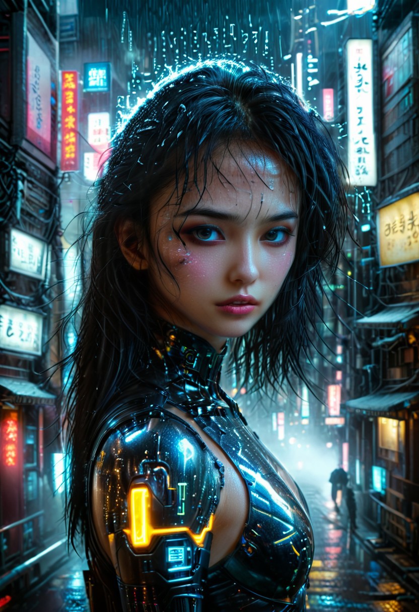 face portrait of Tsuru_Mizuki, asian girl, robotskin, cyborg
Ass, cyberpunknoirlora, CyberCity, Cyberpunk, 
Cyberpunk,1girl,solo,rain,looking at viewer,blurry,black hair,long hair,blurry background,upper body,neon , cyberpunknoirlora, dark, chiaroscuro, low-key, Cyberpunk