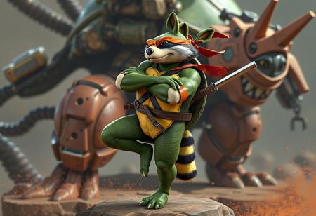 A dynamic action pose of Turtle Raccoon, standing on one leg, arms crossed, holding two nunchucks, dressed in green and orange outfit with red bandana, against a detailed Mecha Phantom Beast Turtletracer background. Isometric view, high-res 4k, octane render, unreal engine 5, splash ink illustration, Raphael style, houdini style, cinematic lighting, sharp lines, vibrant colors. Trending on Artstation, CGSociety, masterpiece, impeccable composition, creative angle.