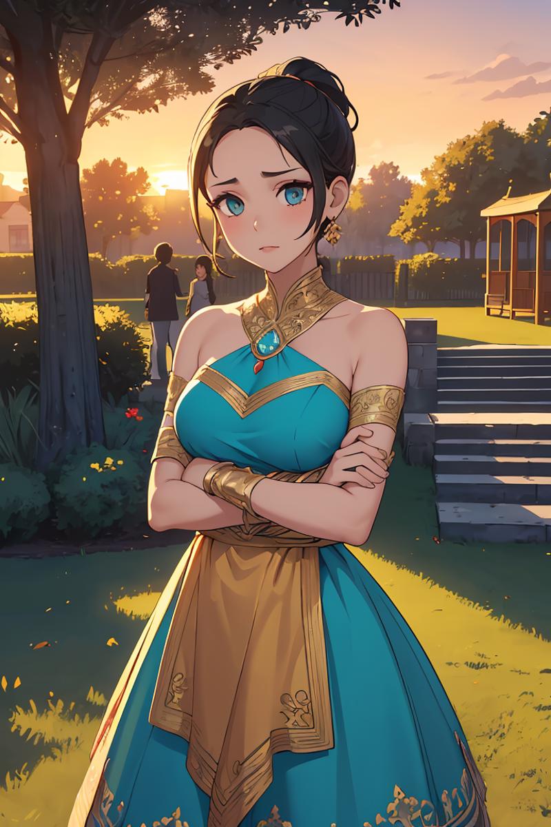 A cartoon image of a woman in a blue dress standing in a park.