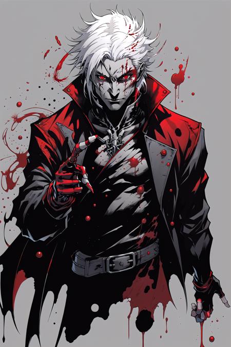 Vampires of Doom,  solo,  simple background,  red eyes,  gloves,  1boy,  white hair,  male focus,  fingerless gloves,  grey background,  coat,  blood,  glowing,  colored sclera,  black sclera,  red sclera, <lora:EMS-51635-EMS:0.800000>