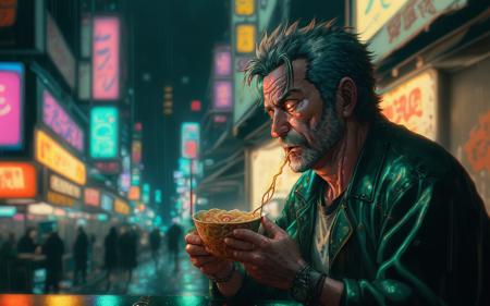 2000's realistic anime style closeup shot of a middle-aged gruff detective eating ramen at a street vendor in the rain, dark, after hours, cyberpunk city raining in background, vivid colors, neon signs