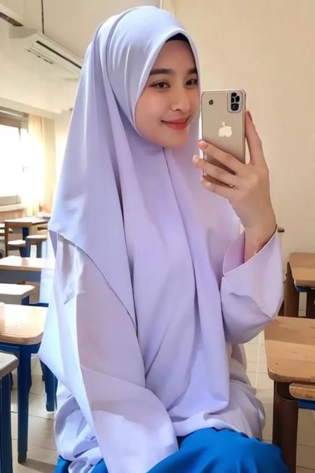 (masterpiece), (high quality, best quality, realistic, expressive eyes), classroom, (upper body), 1girl, mature female, (white hijab:1.1, white dress, blue skirt:1.1), selfie, smile,