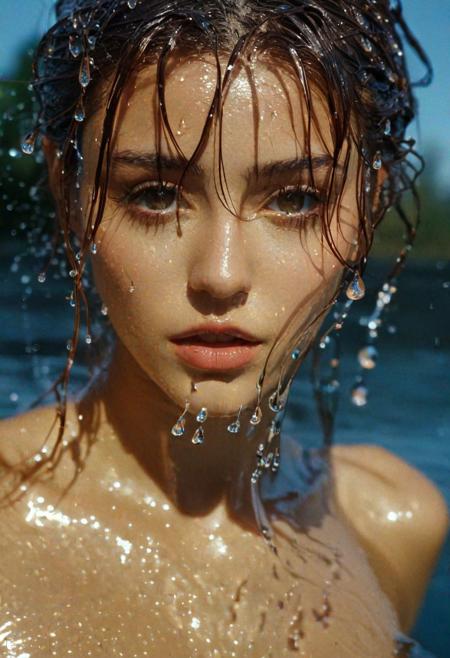 Fashion photography portrait of TWbabeXL01, wet clothes, water drops, splash detailed, surreal dramatic lighting shadow (lofi, analog), kodak film by Stephen Wayda, simple background, TWbabeXL01, dynamic poses, 1girl, floating hairs, (RAW photo:1.2), (photorealistic:1.4), (masterpiece:1.3), (intricate details:1.2), (20 years old female), petite, medium breasts, narrow waist