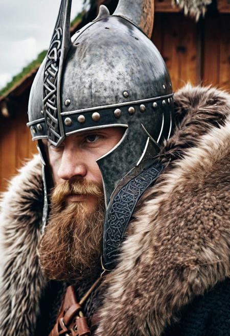 close-up photo of a 
Historical Viking Raider
Horned helmet, fur cloak, longship prow, Viking longhouse, raiding party, Norse runes, battle axe, seafaring voyages, berserker rage, coastal raid, plundered treasure, Nordic warrior, Valhalla-bound, Viking chieftain, Viking shield wall, northern conquests.
cinematic, sharp focus, intricate, cinematic, dramatic light
