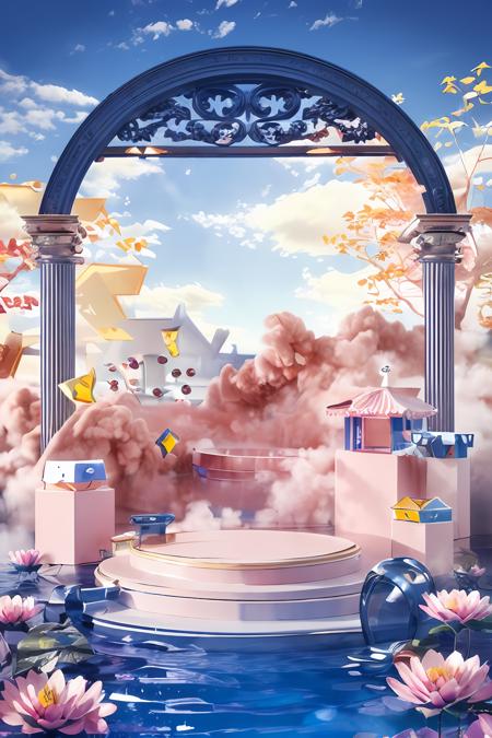 (masterpiece, top quality, best quality, official art, beautiful and aesthetic:1.2),(8k, best quality, masterpiece:1.2), <lora:CGgame buildingC D osw:1>,CGgame buildingC4D nsw, no humans, pillar, scenery, fog, sky, cloud, column, outdoors, flower, pink sky, landscape, arch, C4D, Pattern stone carving, stage, 3d render