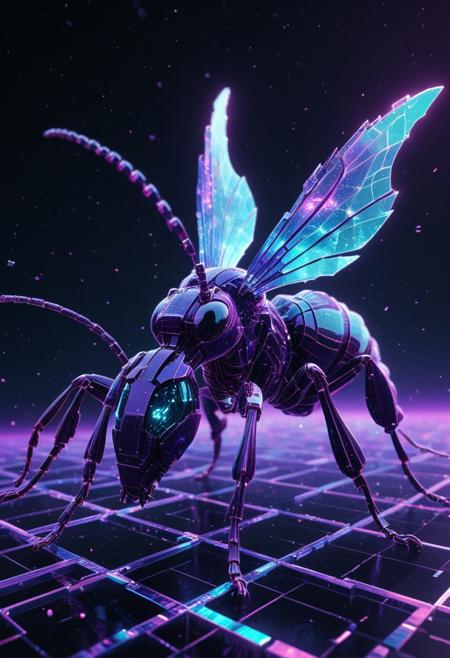 high quality,masterpiece,ultra-high resolution,incredible composition,extremely detailed, A majestic Ant
in close-up, its exoskeleton glitching with pixelated teal and violet artifacts, shimmering like a digital titan. Its fierce tail pulses with digital static, radiating icy power. The background is black desert, with fragmented neon grids and cascading glitch particles in indigo and crimson. Hyper-detailed, 8K resolution, with dynamic glitching effects and a futuristic vibe. codeandigital,, c0dean0igital,, cyberw0rlds,