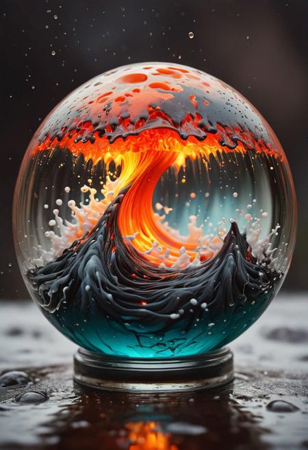 ultradetailed ultrarealistic, of a lava avalanche in a glass sphere, a perfect photography by Mark Mann and Ashraful Arefin ,muted wet colors, intricate artwork masterpiece <lora:hyperkraximalism_v1-1:0.25>