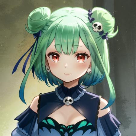 <lora:testbluerushia2_3:1>,  bluerushia, green hair, double bun, short hair, blue bow, skull hair ornament,