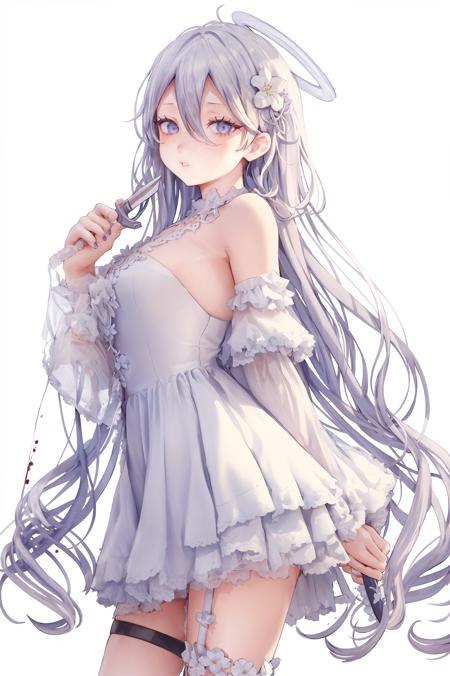 1girl, solo, dress, long hair, white dress, halo, holding, knife, white background, flower, holding knife, detached sleeves, blood, looking at viewer, hair between eyes, white theme, simple background, bangs, white flower, frills, hair ornament, bare shoulders, parted lips, thigh strap, frilled dress, wings, hair flower, sleeveless, white hair, sleeveless dress, nail polish, purple eyes, cowboy shot, grey hair, from side, long sleeves, very long hair<lyco:JIMA_artist-000020:1>JIMA_style