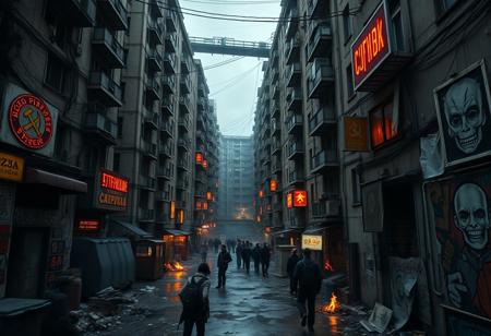 A hyper-detailed labyrinth of crumbling Soviet-era concrete tenements draped in frayed electrical cables and flickering neon signs in Cyrillic script. Puddles of oily rainwater reflect the orange glow of trash-can fires, smoke hangs low, and the hum of broken electricity buzzes in the air. Shadowy figures huddle in alleyways, faces obscured by cracked gas masks or grime-stained rags, their postures tense. Graffiti of grotesque, grinning faces peels off every wall, revealing layers of decaying propaganda posters. Above, a collapsed skybridge hangs mid-air, rusted rebar exposed like skeletal fingers. (Inspired by "post-apocalyptic urban decay with a gritty, textured aesthetic"). Quality: Finest details, crispy and grainy textures with micro-contrast, natural gradient noise, light glares from fires, caustics in water reflections, subsurface scattering on smoke. Color palette: True-to-life photorealism with a digital SLR’s dynamic range—rust orange, grimy mustard yellow, deep asphalt blacks, and desaturated crimson. Note the muted contrast where frontal sunlight bleaches textures. Mood: Chaotic, desperate, claustrophobic decay.