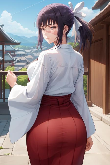 IoriCD1, 1girl, solo, long hair, solo, black hair, bow, japanese clothes, hair bow, miko, looking at viewer, cowboy shot, scar, skirt, hakama, red hakama, brown eyes, closed mouth, hakama skirt, scar on face, bangs, wide sleeves, cowboy shot, long sleeves, ribbon, standing, looking back, from behind, ass focus,  hair ribbon, ponytail, white bow, scar on nose, half updo, outdoors, sky, clouds, day, buildings, pagoda, blue sky, bamboo, <lora:IoriCD1:0.8>
BREAK
masterpiece, best quality, highly detailed background, perfect lightingbest quality, ((shiny skin, glossy skin, detailed skin))