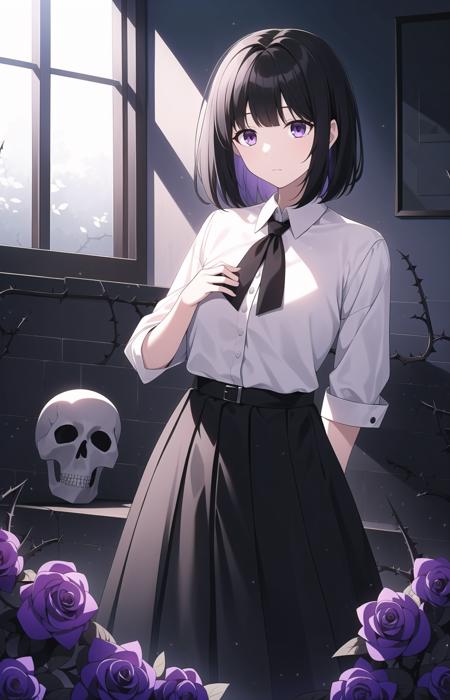 masterpiece,best quality,straight-on,A girl with black hair, white shirt and black skirtï¼a rose blooms,skullï¼There are many thornsï¼growing thorns,Purple eyesï¼
masterpiece,best quality,A girl with black hair, white shirt and black skirt