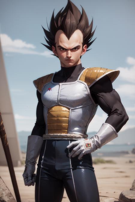 (masterpiece, best quality:1.2), <lora:dbz_vegeta-03:0.8>, cowboy shot, solo, male focus, 1boy, vegeta, serious, looking at viewer, black spiked hair, black eyes, armor, white gloves