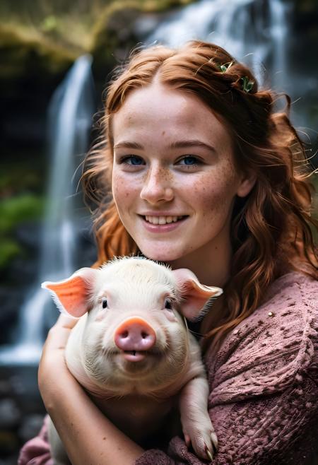 photo of a cute young irish woman, age 21, holding a happy chubby pig, upper body, with a beautiful waterfall in the background