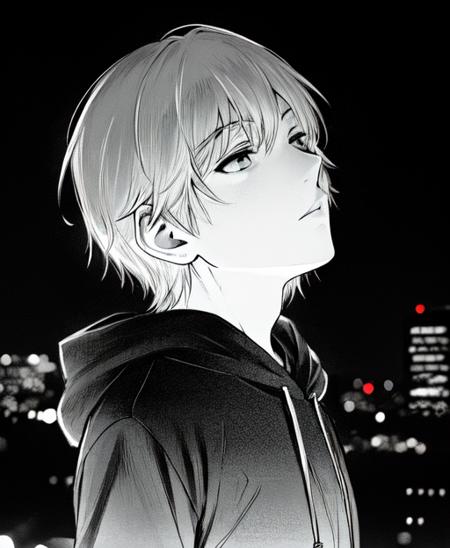 (male:1.5), in the style of  <lora:marvin:0.45>, manga, medium shot, looking up, sideways view, hoodie, short hair, solo, (city background, lights, blurred:1.2), greyscale, monochrome, detailed face