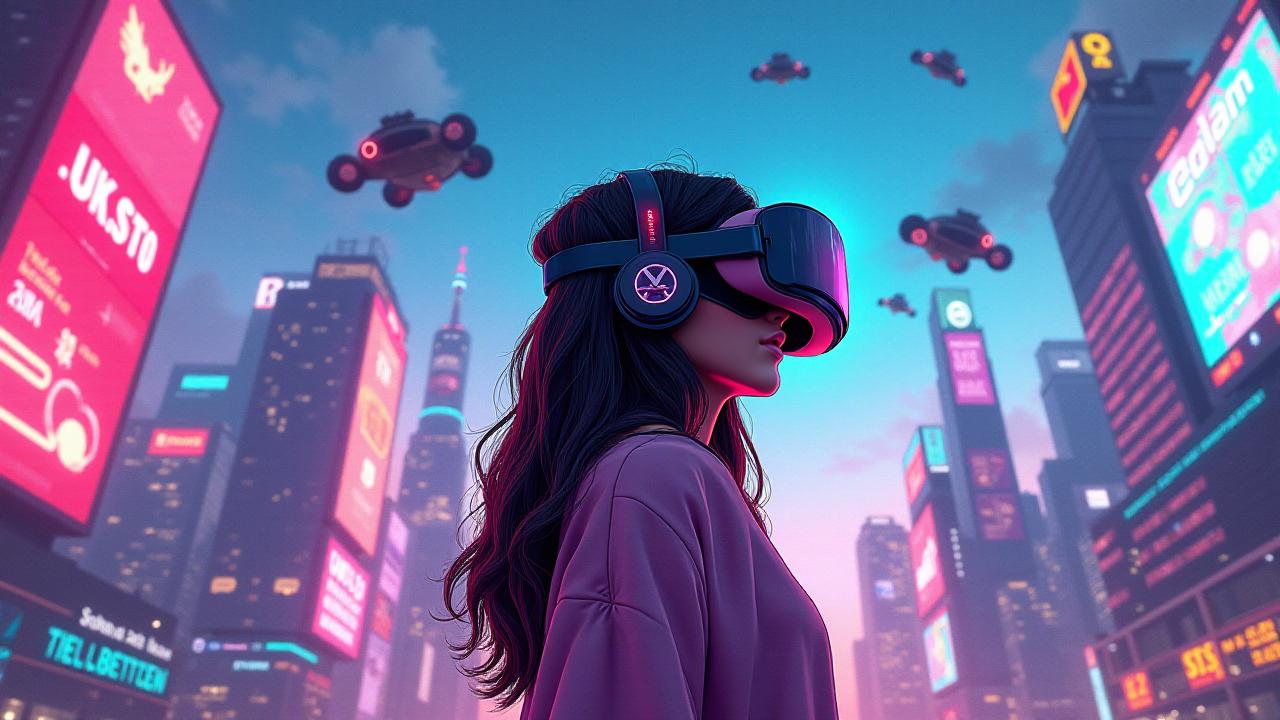 comic a girl playing virtual reality, cities of the future around her, futuristic cars flying in the sky, holograms-advertisements around her, raw, hdr, 8k textures, extreme detail, hight detailed skin texture, epic details, high sharpness . graphic illustration, comic art, graphic novel art, vibrant, highly detailed