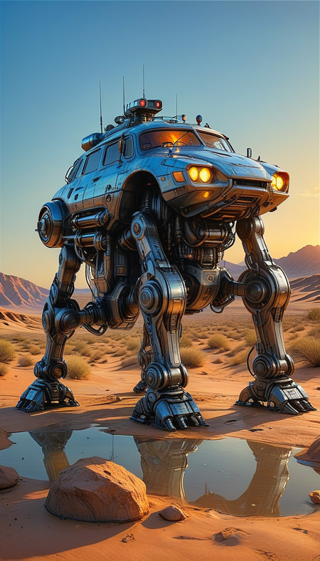 (cel-shading:2)+, (in ARTIST style:1.6), (masterpiece:1.7),  night, glow neon,
hyperrealism, glossy, shinny, clear image, accurate picture, clear picture, precise image, focused image, Science fiction style, Science fiction,
(robot, no humans, mecha, reflection, science fiction, sun, non-humanoid robot, outdoors, sky, cloud, solo, water, blue eyes, desert, , mountain, glowing, Walking vehicle, car) gray paint, 
night, glow neon,
(masterpiece:1.8), (highest detailed:1.8), perfectly lighted, (contrast), (saturated), (((sharp focus))),
(hyperdetailed:1.3), (intricate details:1.2), (Refined details:1.3), (best quality:1.5), highly detailed textures, vibrant colors,
(ultra sharp focus:1.8), (detailed texture:1.8), (detailed edges:1.8), (thin lines:1.8), (best quality:1.8),
<lora:Apparatus_-_Traction_City_Walkers_Vehicles:0.8>,