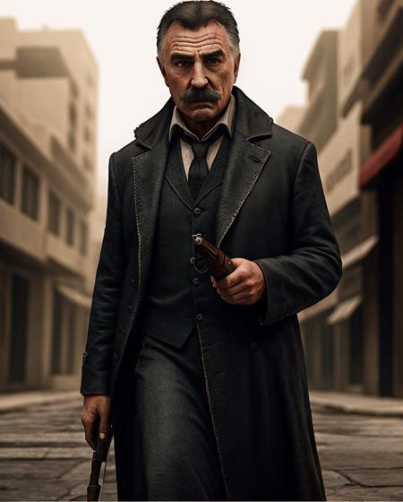 <lora:Kanevsky:0.85> an old man with a mustache (with weapon:1.1) in old Long cloak walking down the street of Los Angeles, (scar on face:0.1), , Max PAyne style, L.A. Noir style, best quality, trending on artstation, masterpiece, detailed face, beautiful eyes