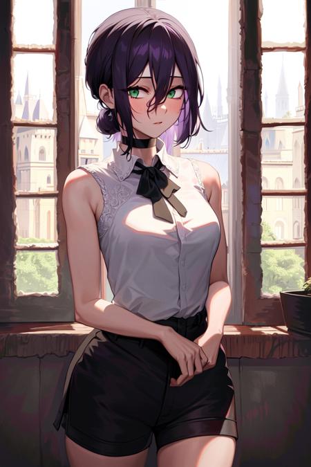 masterpiece, ((ultra detailed background, delicate pattern, intricate detail)), (highly detailed, fine details), best quality, beautiful lighting, ((medium breasts, slim girl)), Reze, 1girl, solo, green eyes, choker, hair between eyes, multicolor hair, purple hair, black hair, hair bun, short hair, ((white shirt, collared shirt, sleeveless, ribbon, black shorts)), blush,  complex detailed background, inside, castle room environment, medieval castle, gray walls, window, bookshelf, (cowboy shot),  <lora:Reze:0.75>